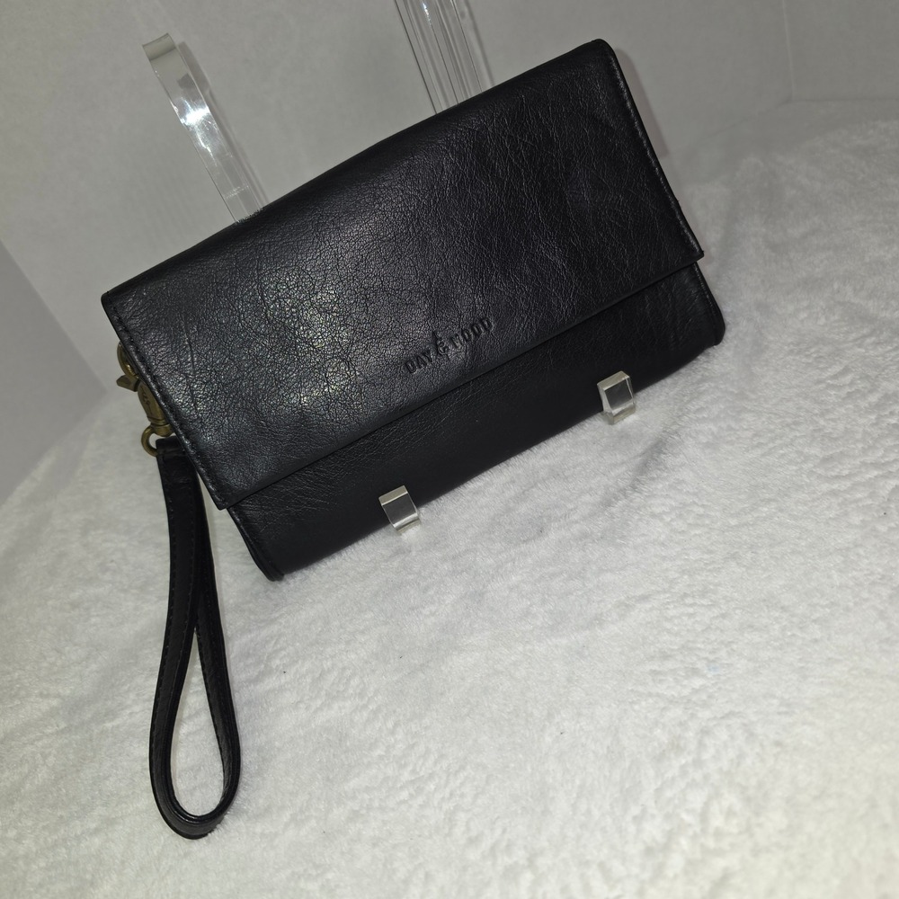 Day & Mood Black Leather Wristlet Wallet Clutch Antique Brass Hardware